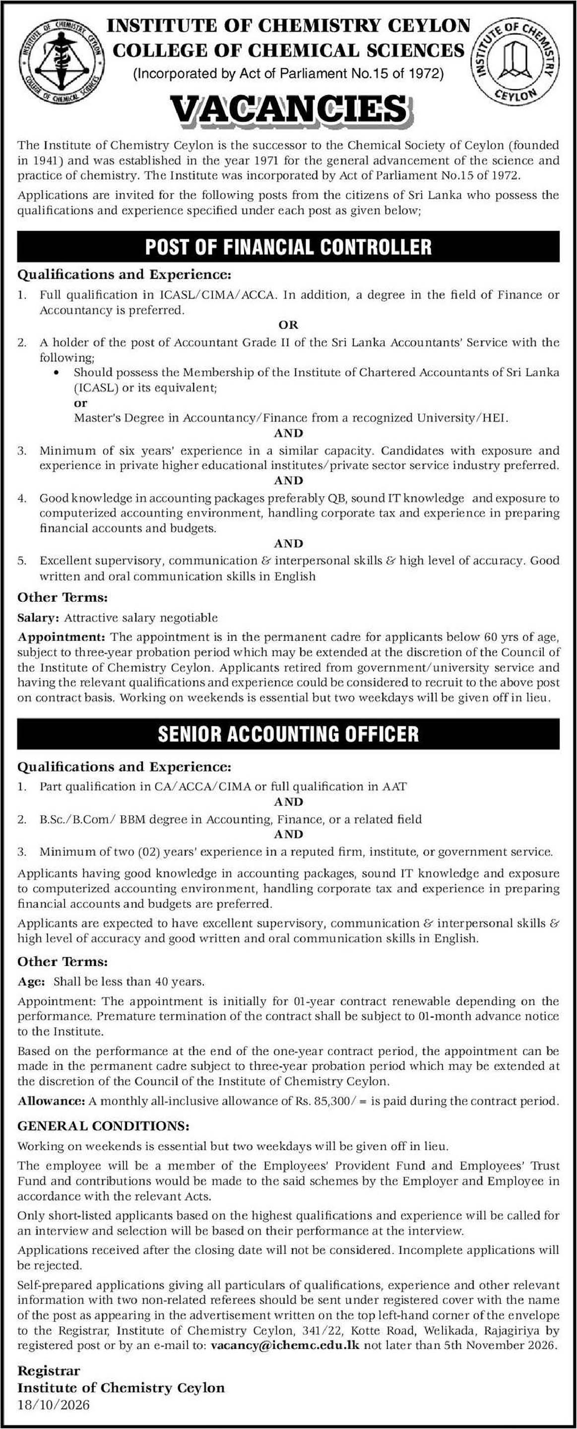 Financial Controller, Senior Accounting Officer - Institute of Chemistry Ceylon