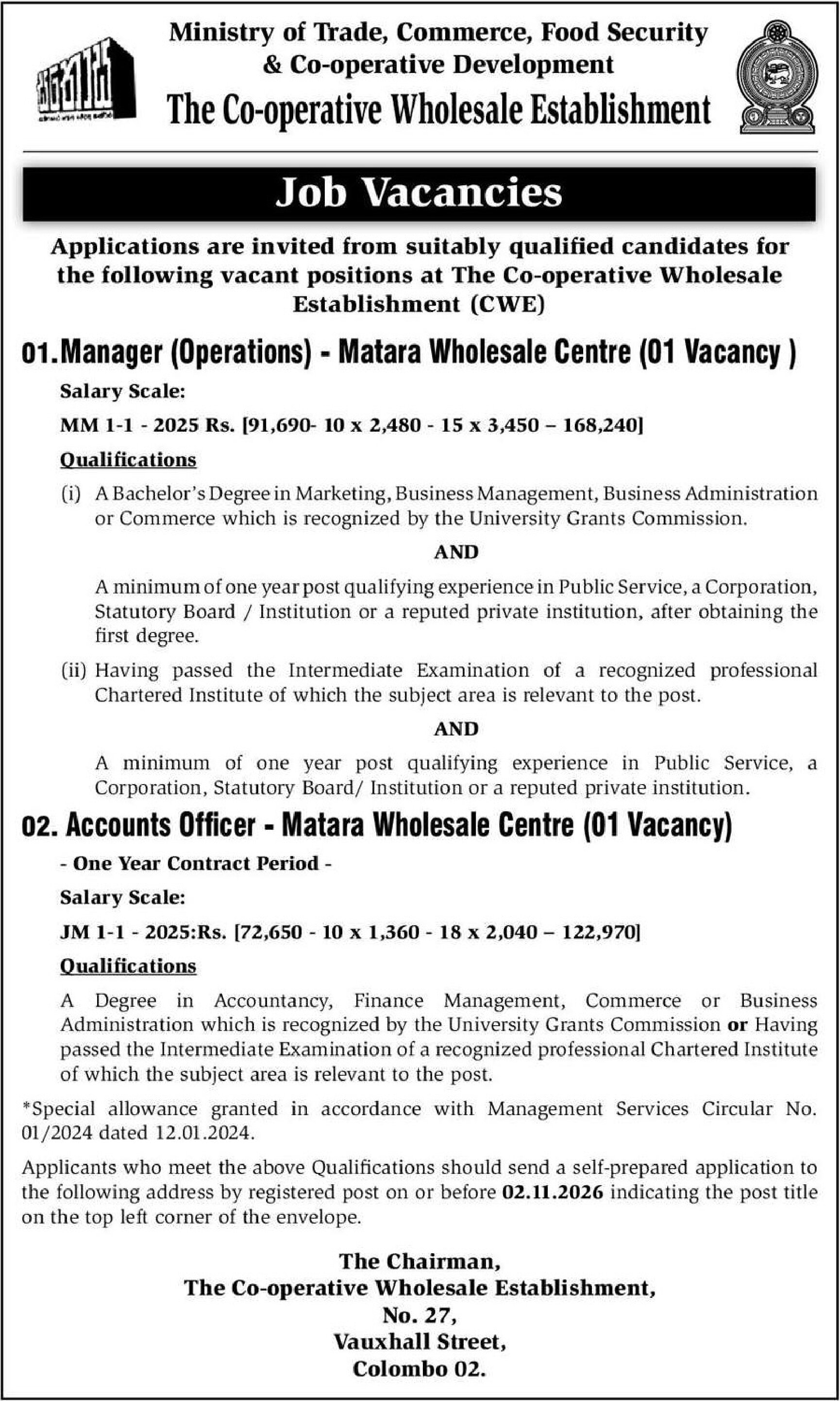Manager (Operations), Accounts Officer - The Cooperative Wholesale Establishment
