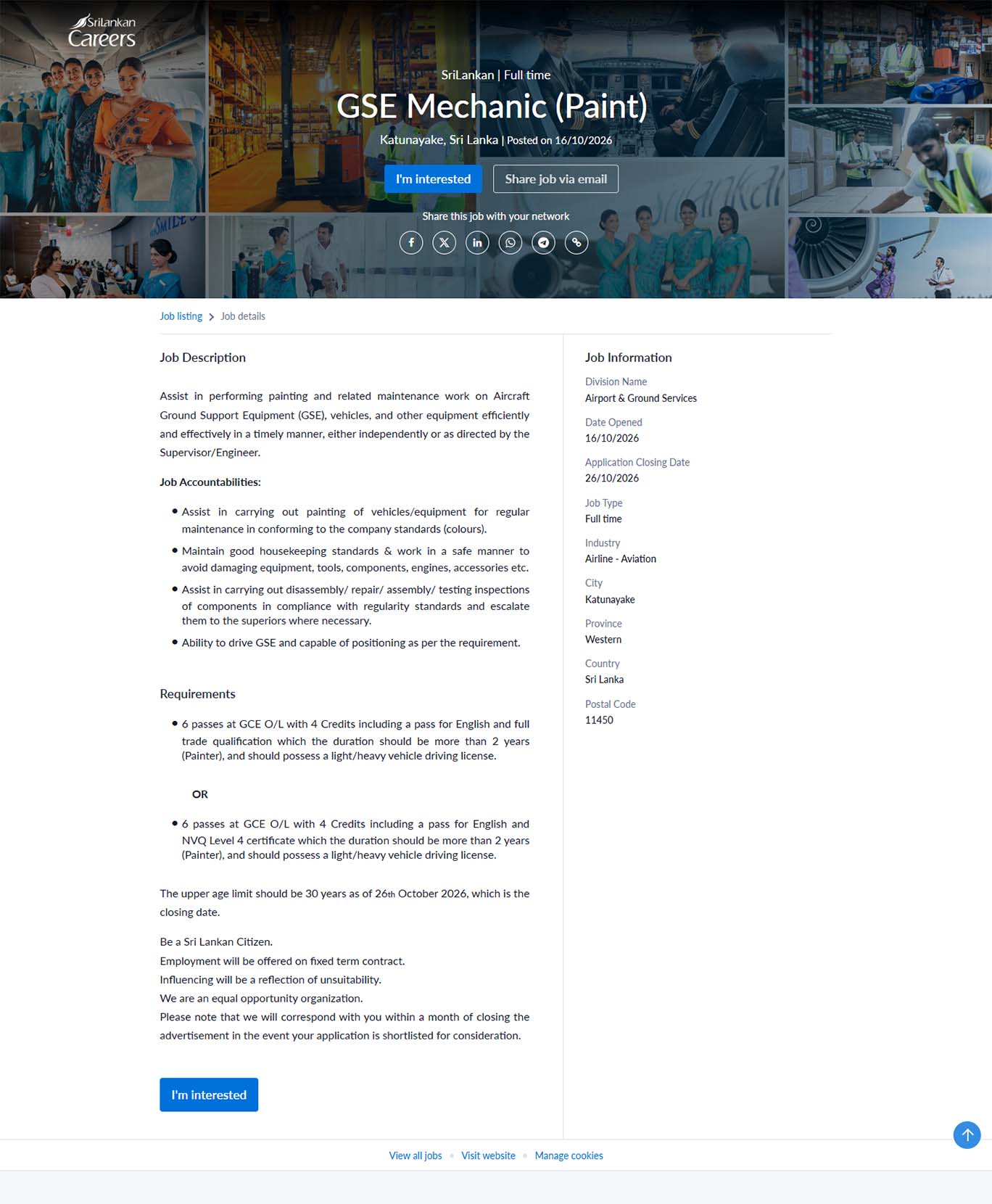 Procurement Expert, GSE Mechanic (Paint), GSE Mechanic (Air Condition) - SriLankan Airlines Limited