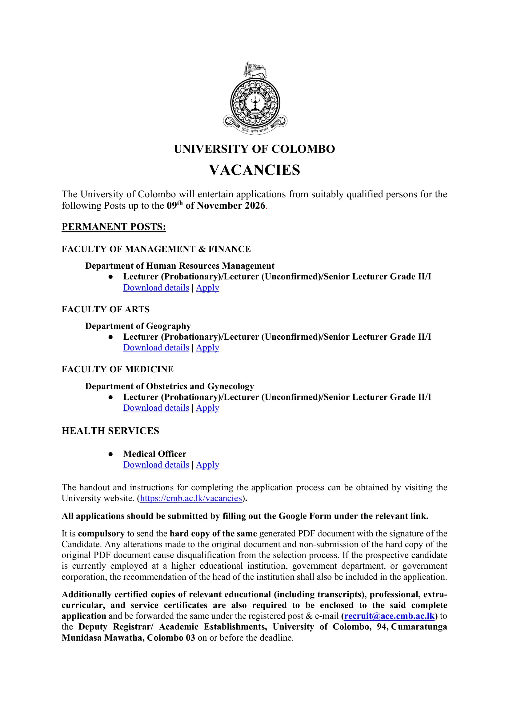 Lecturer, Senior Lecturer, Medical Officer - University of Colombo