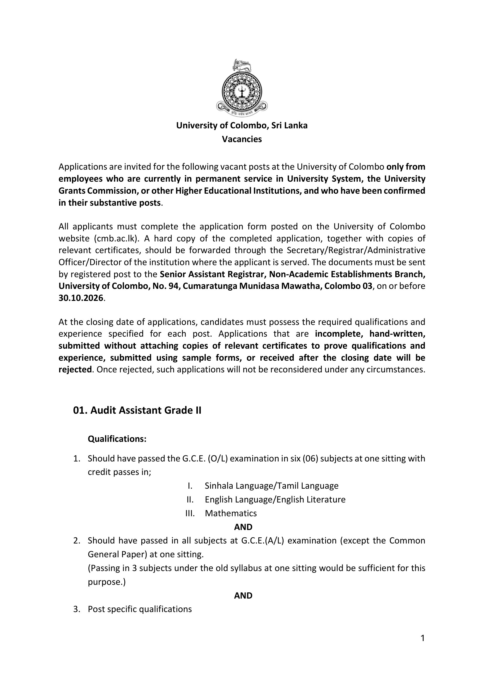 Audit Assistant, Works Superintendent (Civil), Technical Officer, Driver, Machinist, Welder, Mason, Laboratory Attendant - University of Colombo