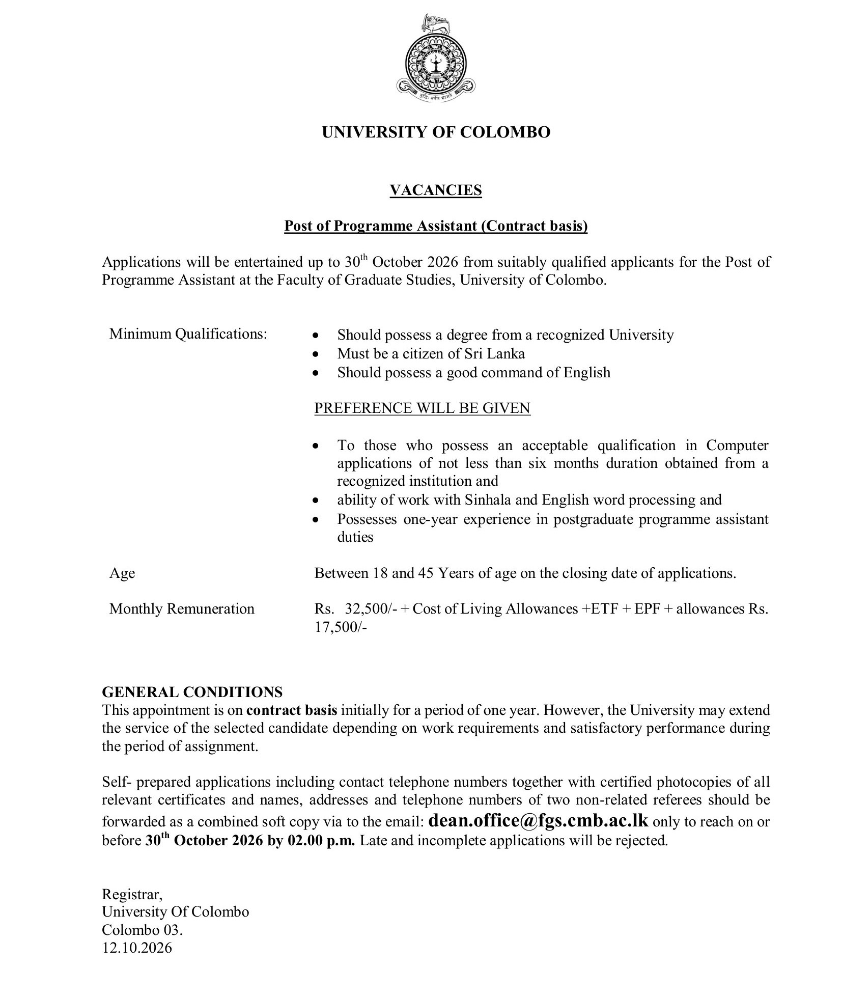 Programme Assistant - University of Colombo