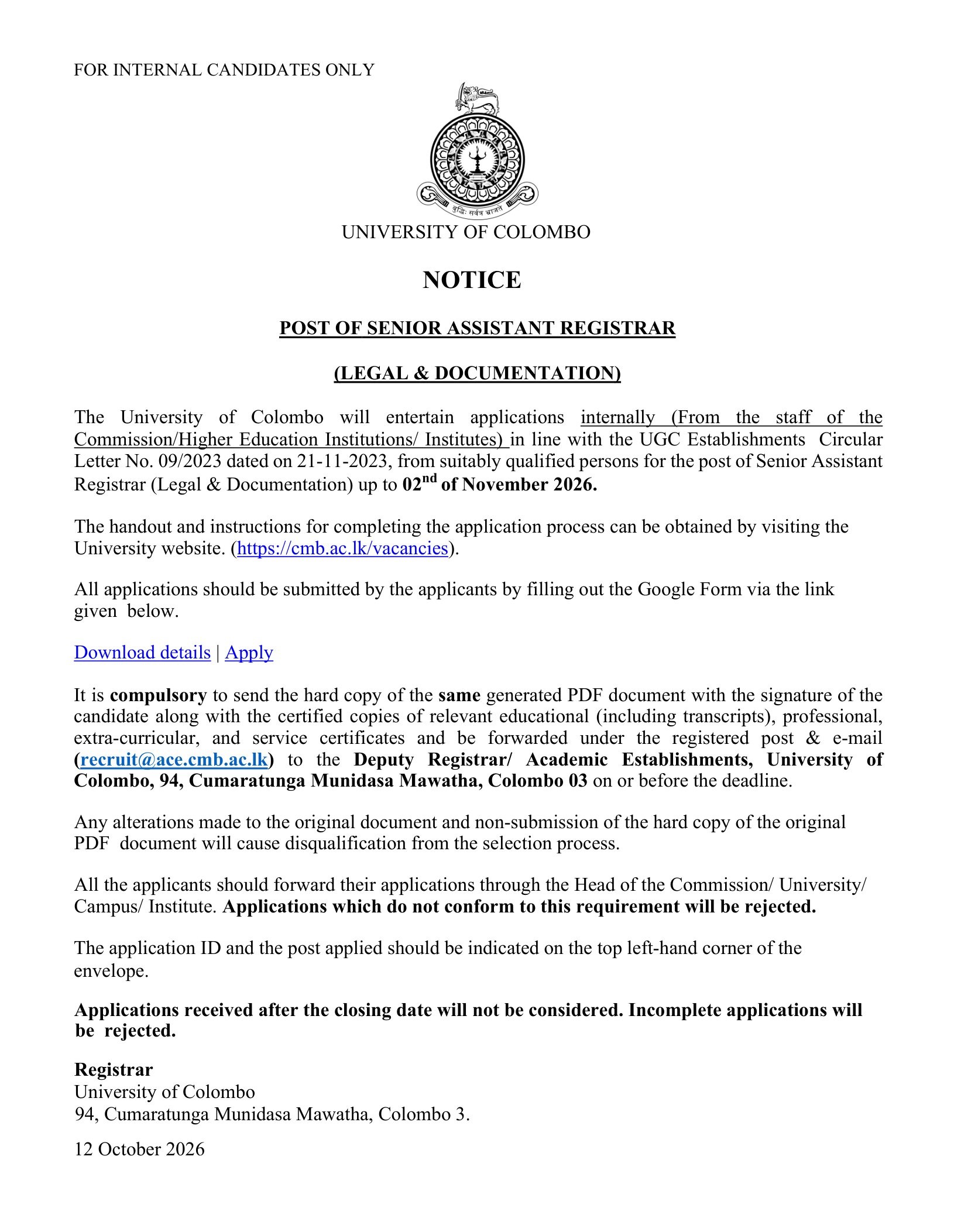 Senior Assistant Registrar (Legal & Documentation) - University of Colombo