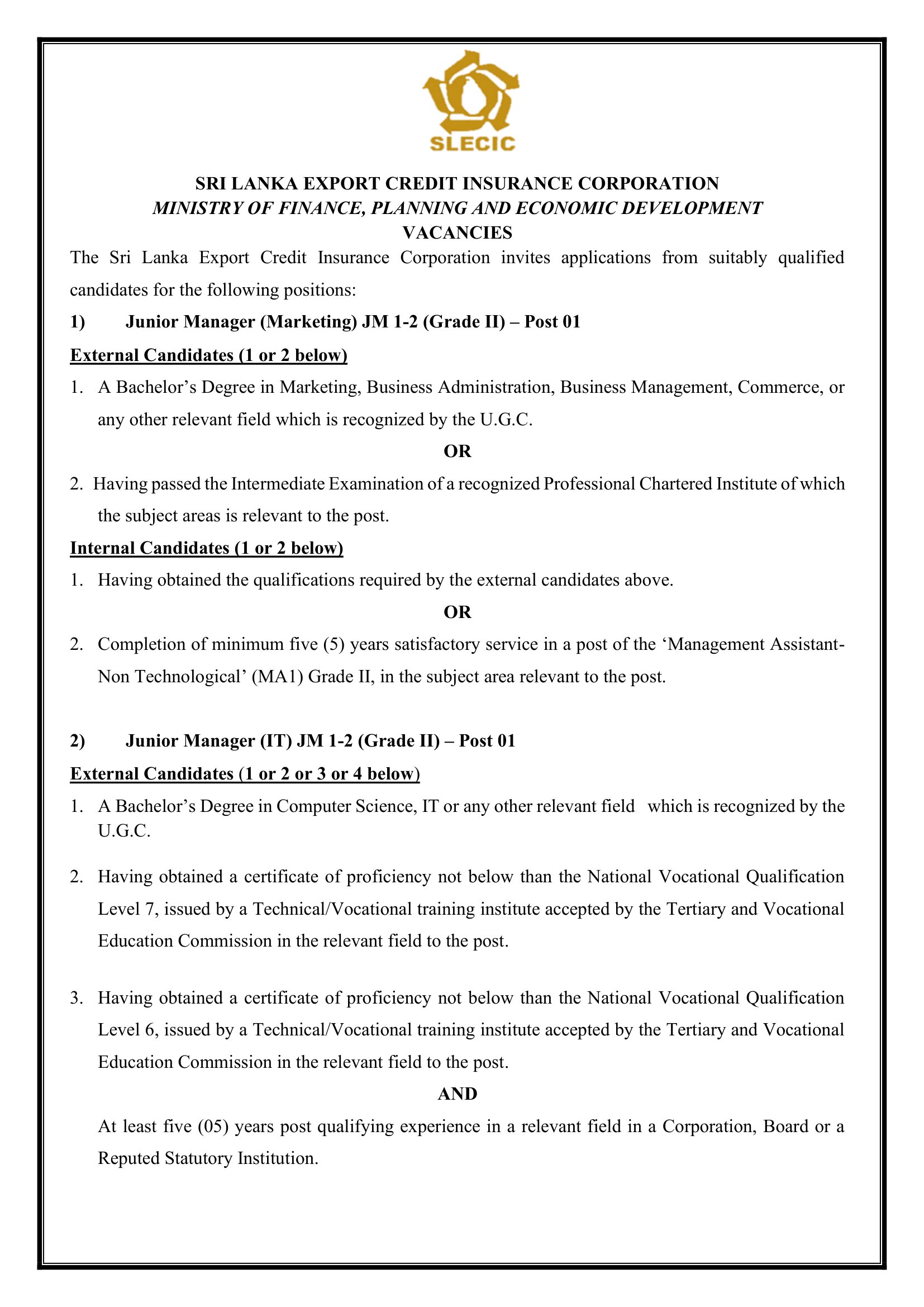 Junior Manager (Marketing, IT) - Sri Lanka Export Credit Insurance Corporation