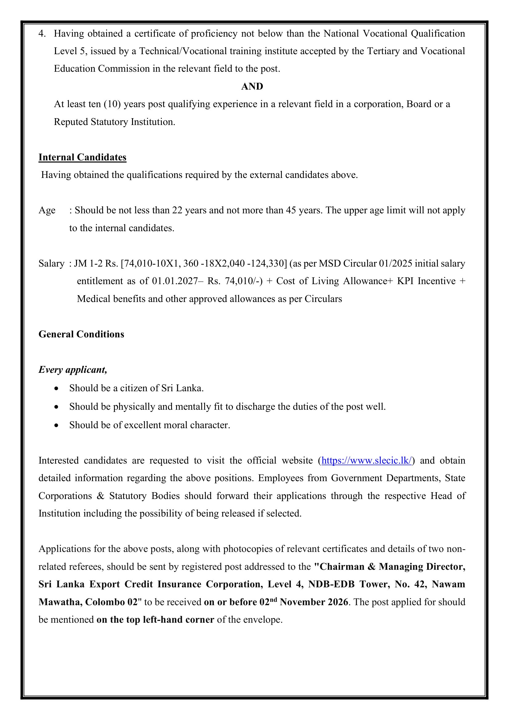 Junior Manager (Marketing, IT) - Sri Lanka Export Credit Insurance Corporation