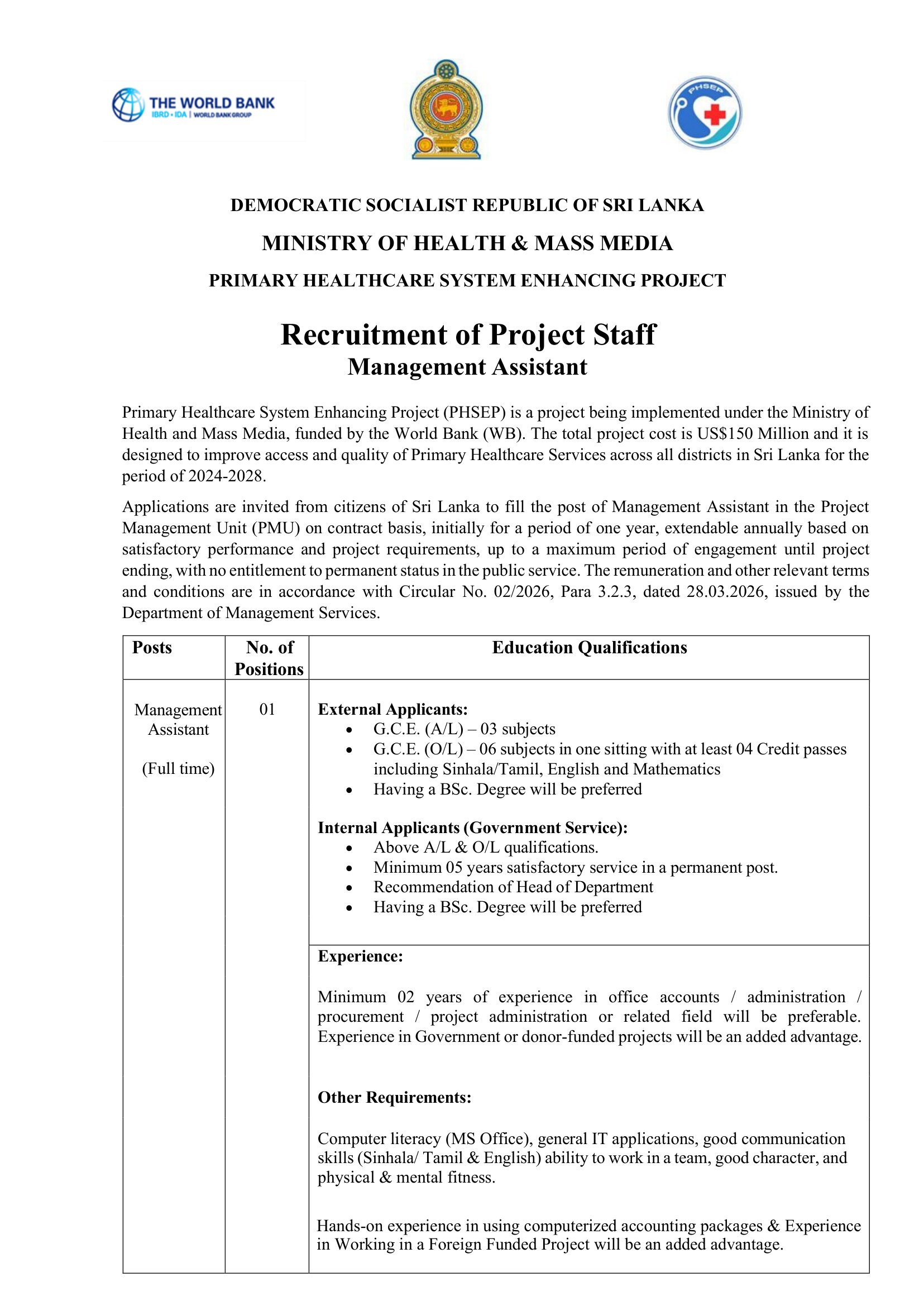 Management Assistant - Primary Healthcare System Enhancing Project - Ministry of Health & Mass Media