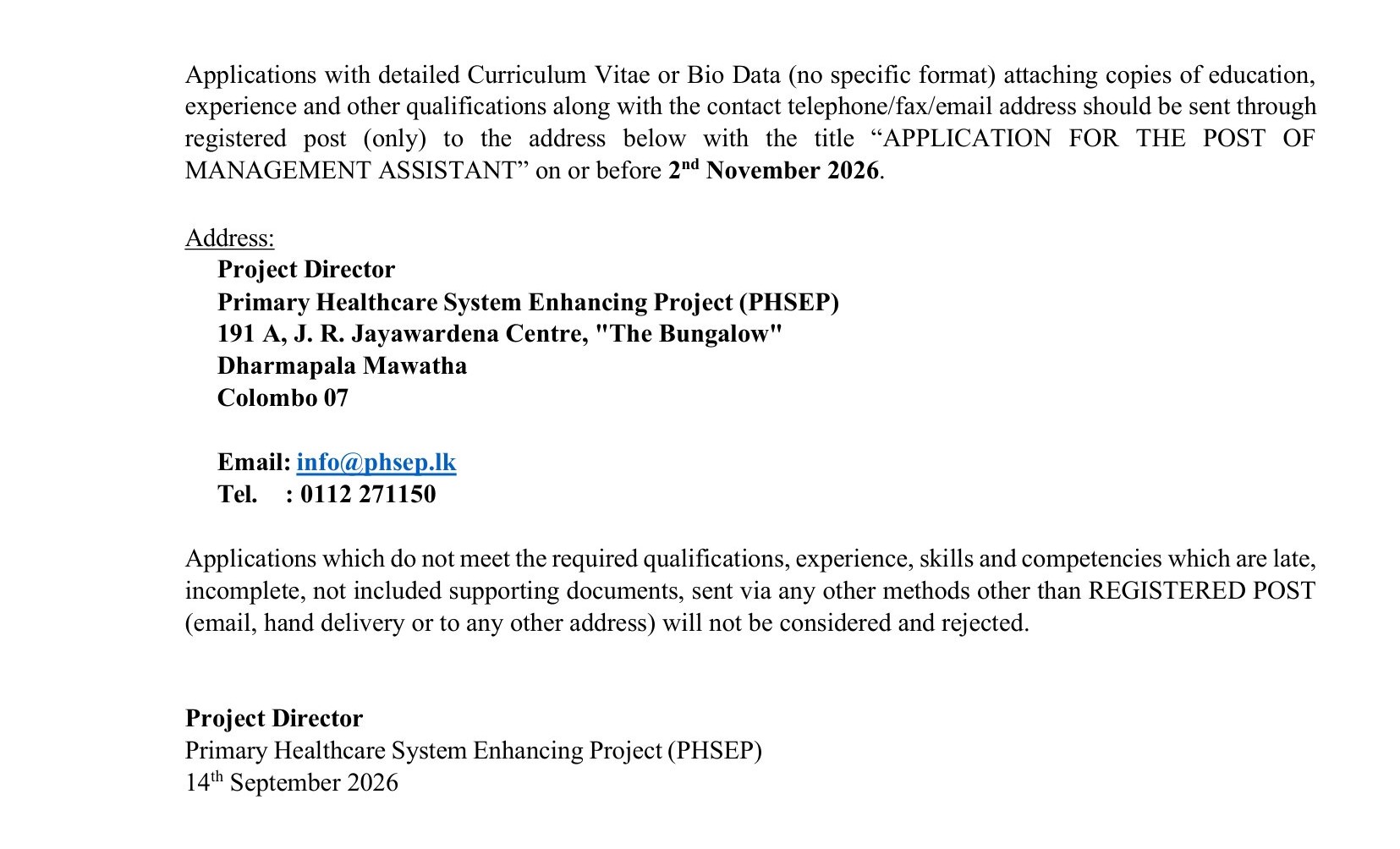 Management Assistant - Primary Healthcare System Enhancing Project - Ministry of Health & Mass Media