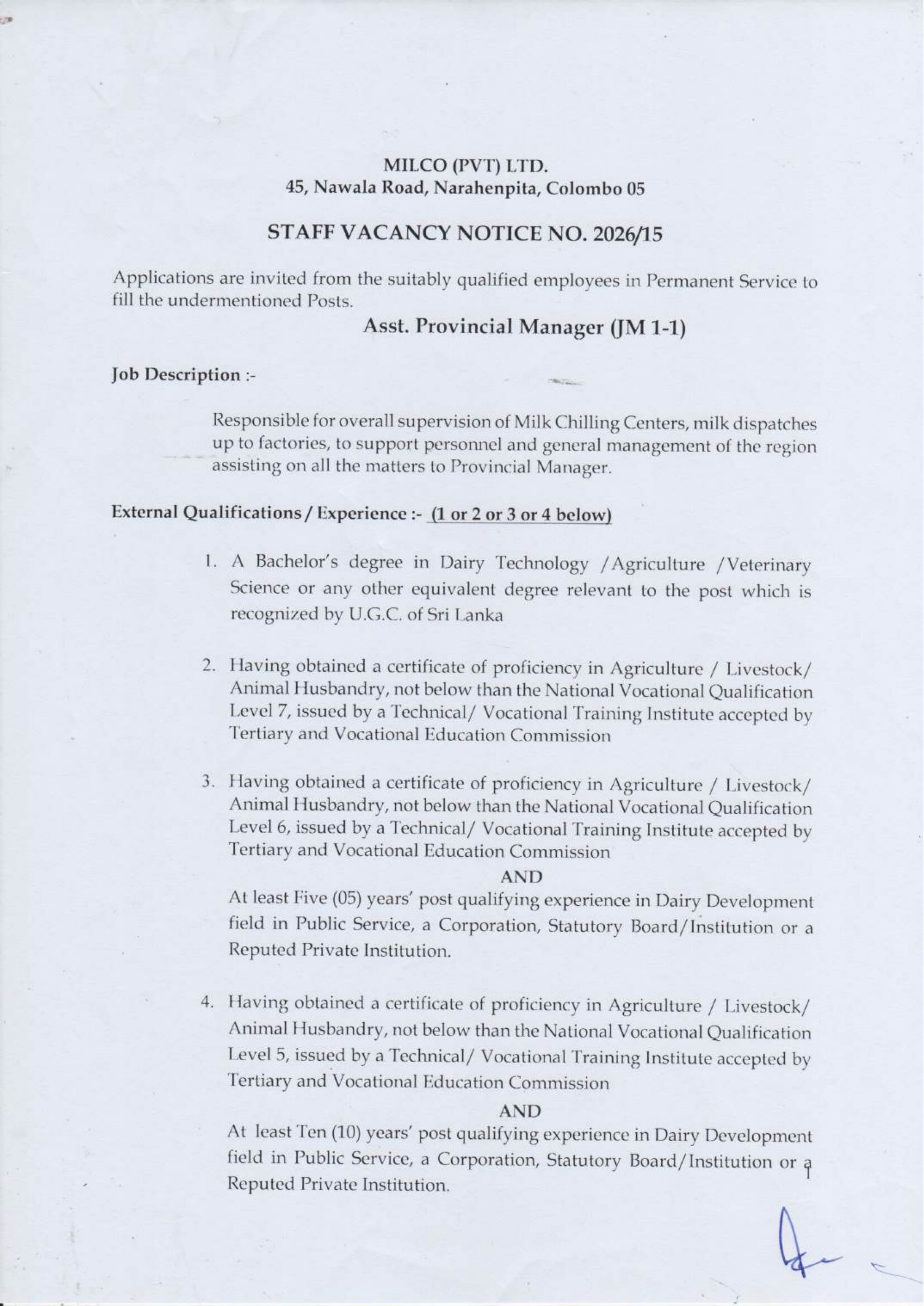 Assistant Provincial Manager, Extension Officer, Dairy Instructor, Sales Supervisor - Milco (PVT) Ltd