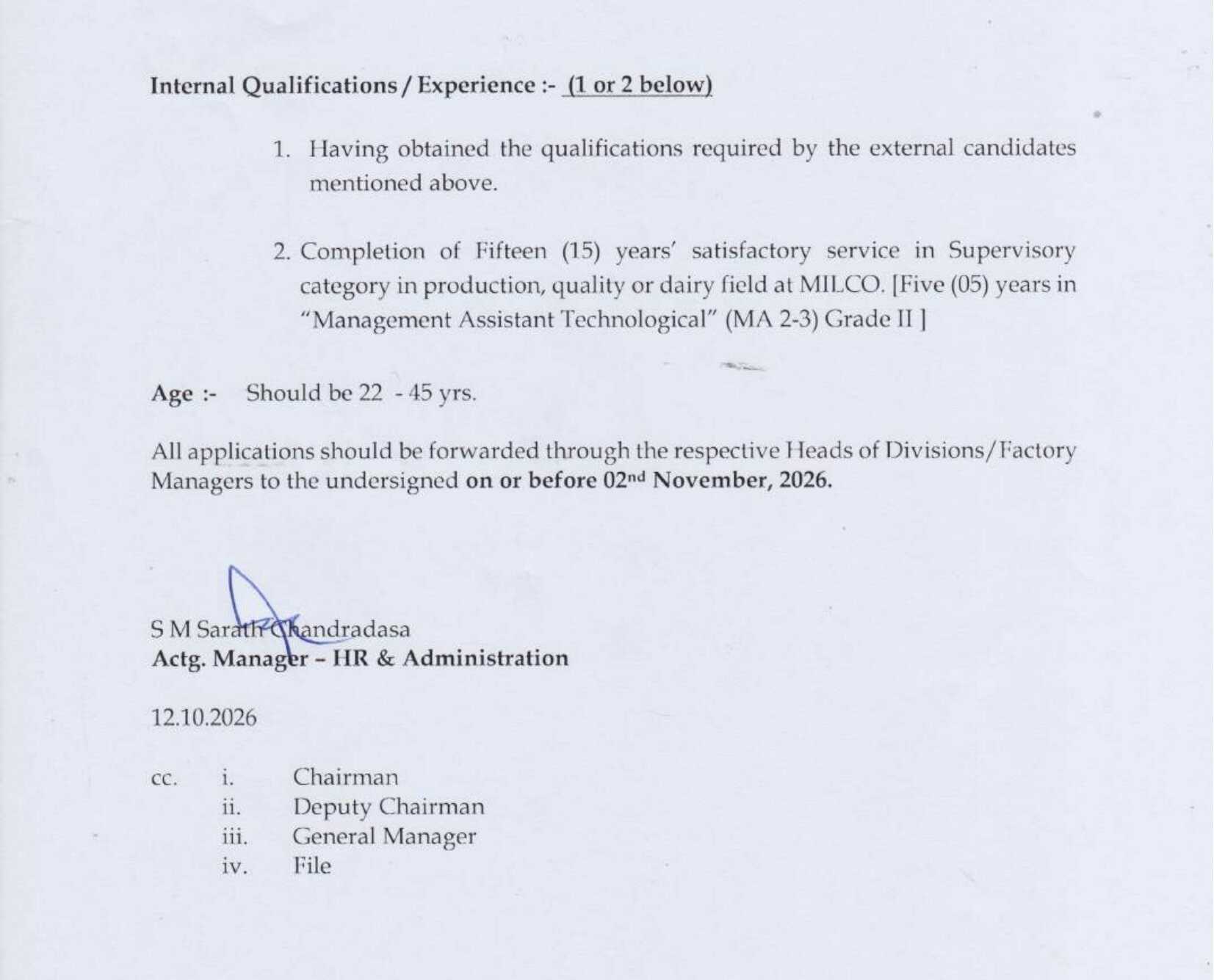 Assistant Provincial Manager, Extension Officer, Dairy Instructor, Sales Supervisor - Milco (PVT) Ltd