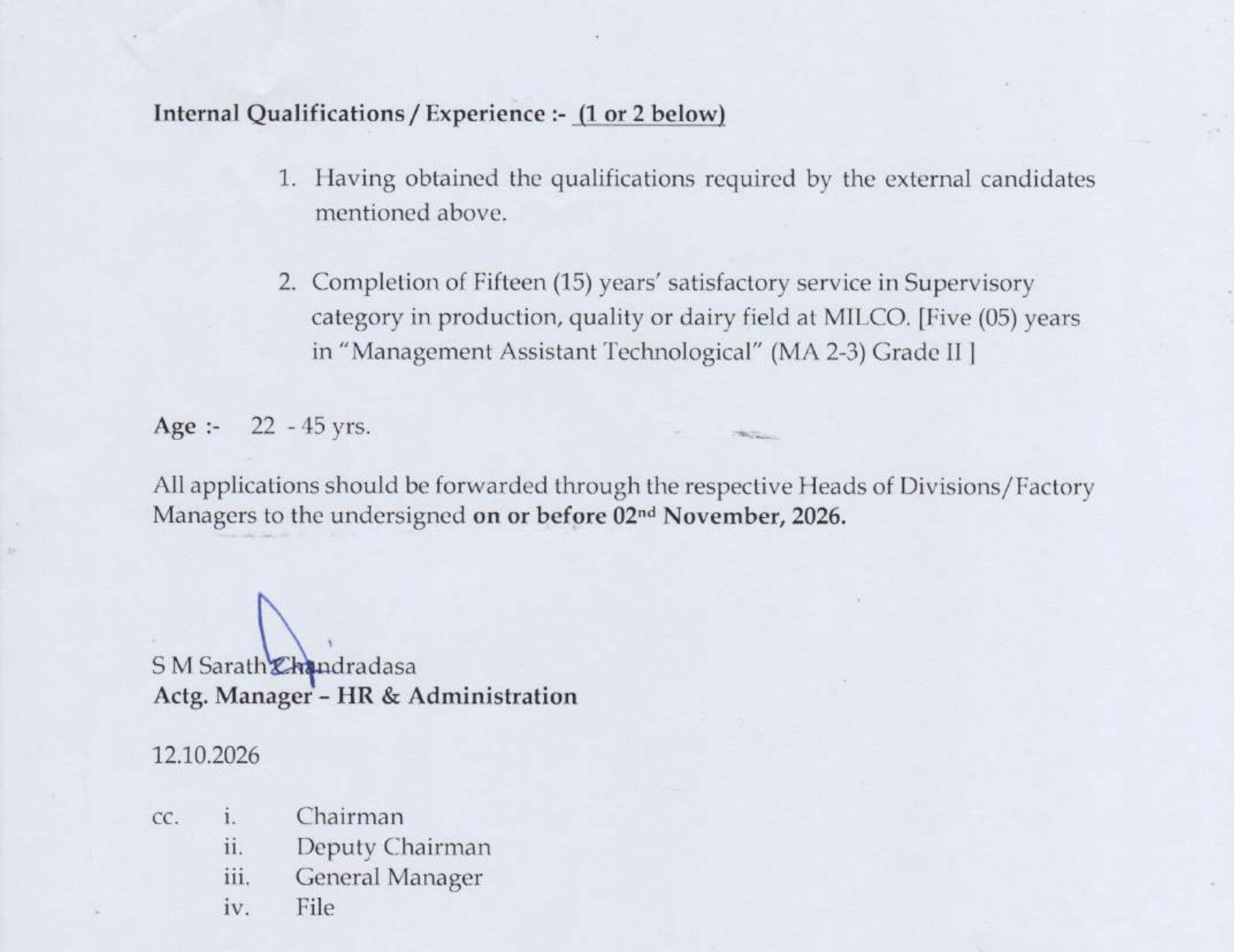 Assistant Provincial Manager, Extension Officer, Dairy Instructor, Sales Supervisor - Milco (PVT) Ltd