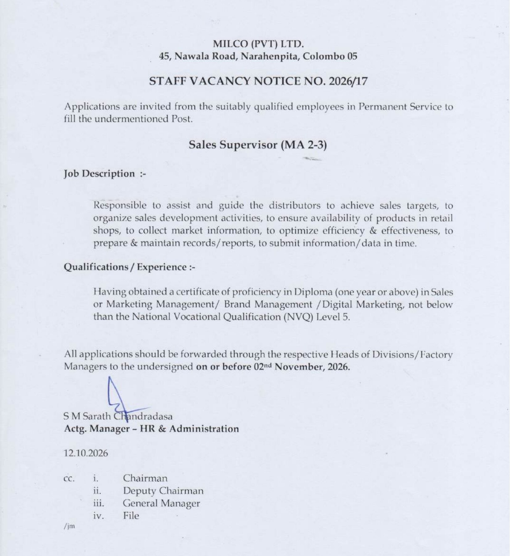 Assistant Provincial Manager, Extension Officer, Dairy Instructor, Sales Supervisor - Milco (PVT) Ltd