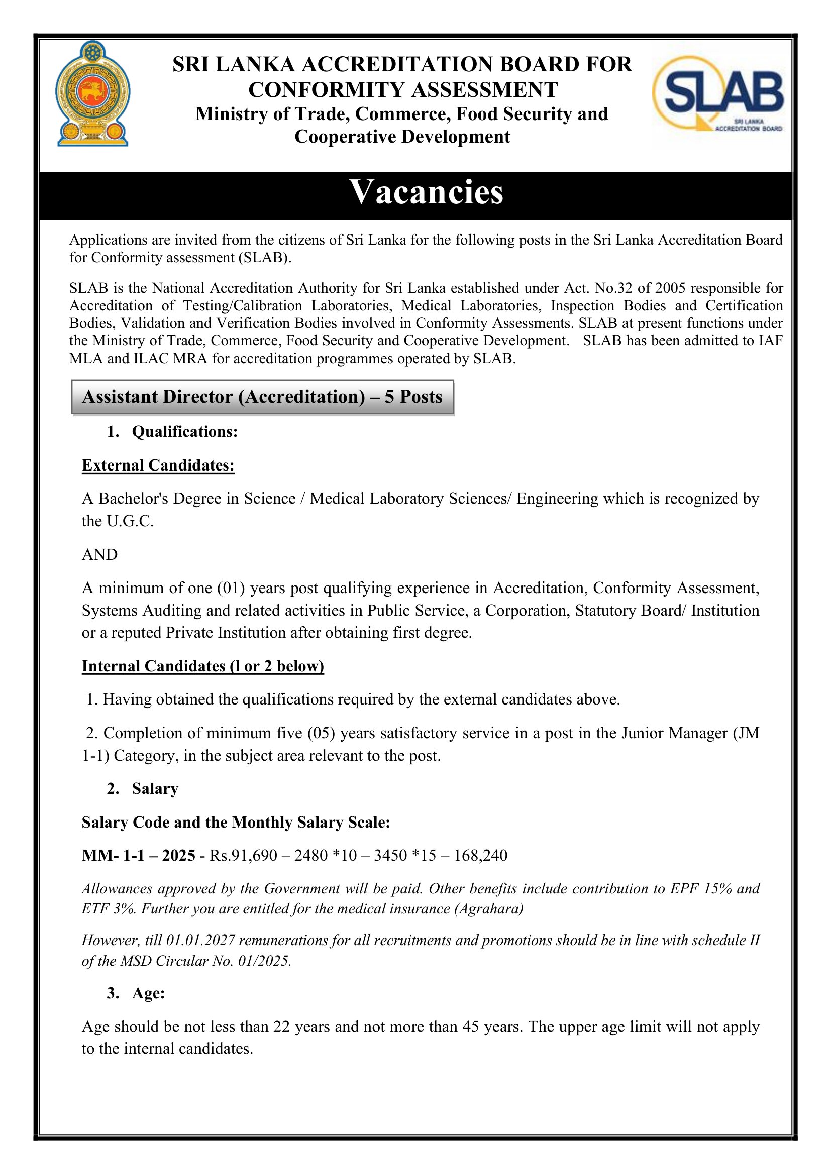 Management Assistant, Assistant Director (Accreditation, Finance) - Sri Lanka Accreditation Board