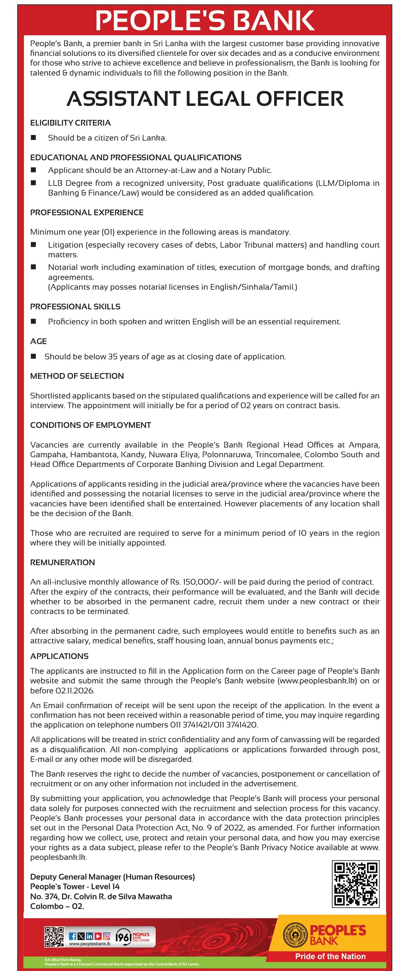 Assistant Legal Officer, Chief Manager (Project Finance) - Peoples’ Bank