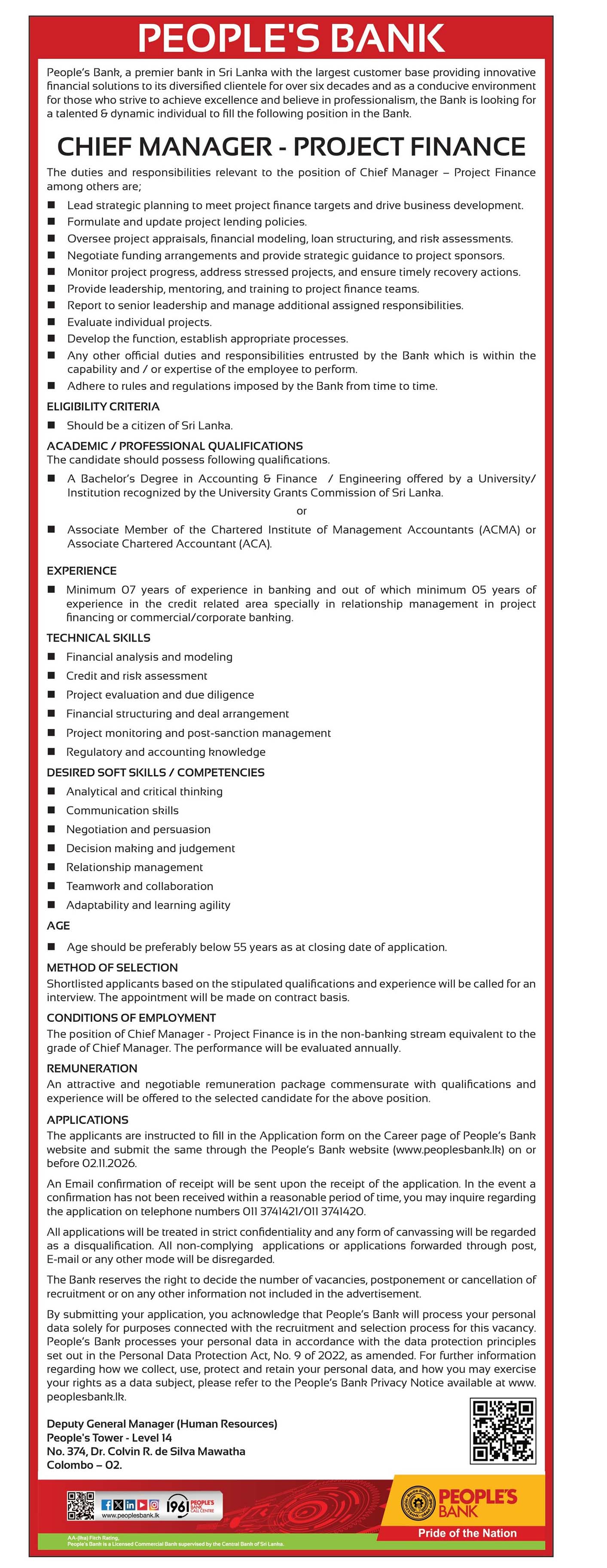 Assistant Legal Officer, Chief Manager (Project Finance) - Peoples’ Bank