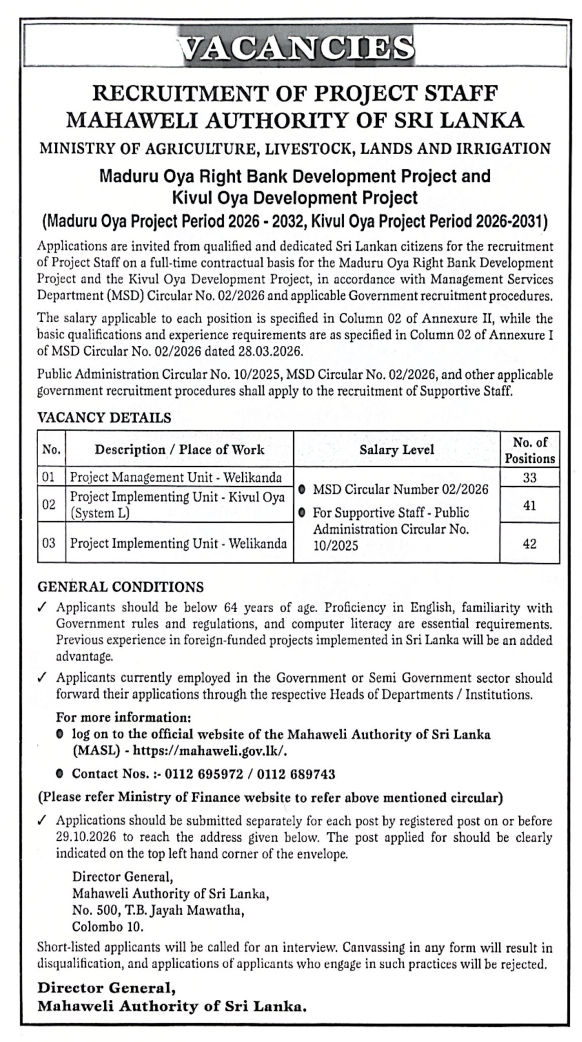 Recruitment of Project Staff - Mahaweli Authority of Sri Lanka