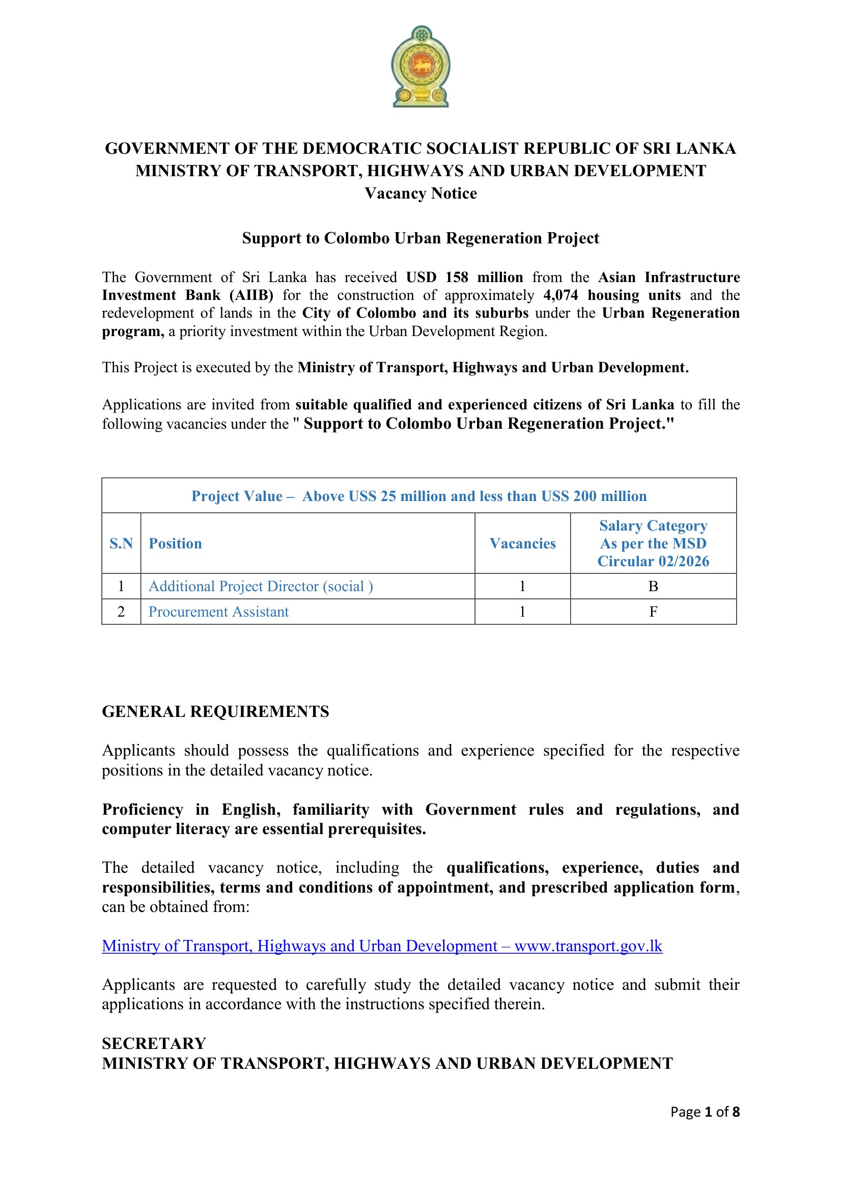 Additional Project Director (Social), Procurement Assistant - Ministry of Transport, Highways & Urban Development