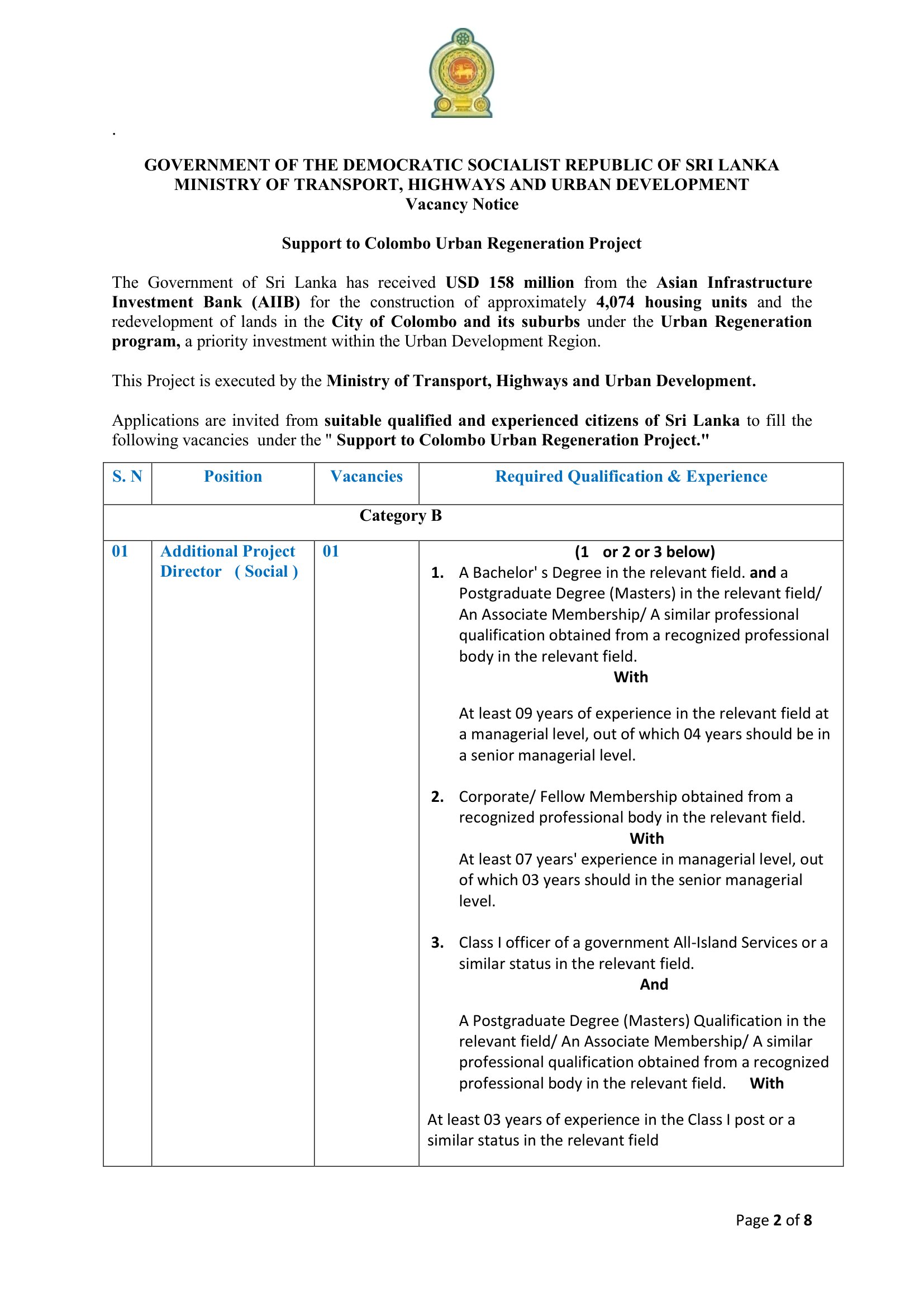 Additional Project Director (Social), Procurement Assistant - Ministry of Transport, Highways & Urban Development