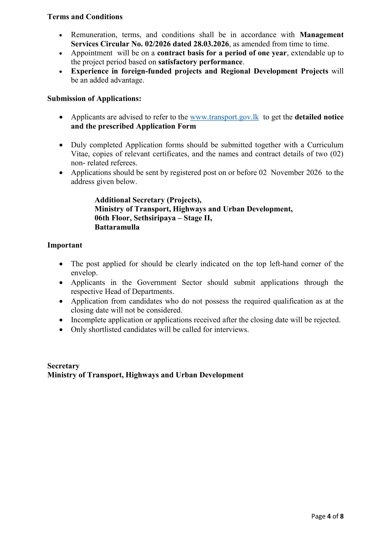 Additional Project Director (Social), Procurement Assistant - Ministry of Transport, Highways & Urban Development