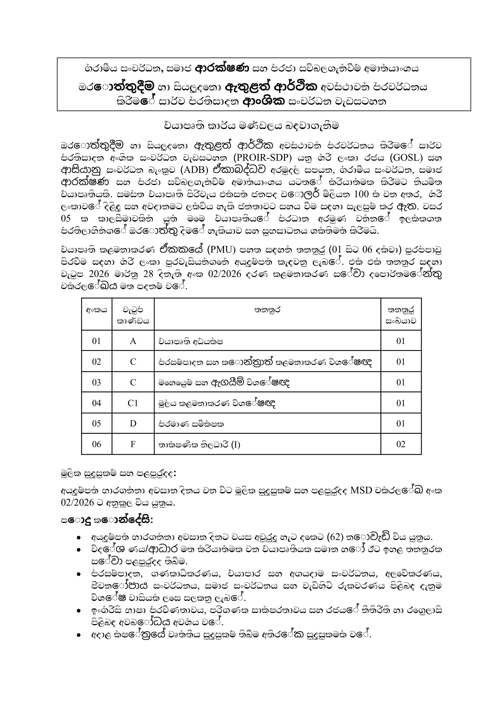Project Director, Procurement and Contract Management Specialist, Monitoring & Evaluation Specialist, Financial Management Specialist, Quantity Surveyor, Technical Officer - Ministry of Rural Development, Social Security & Community Empowerment