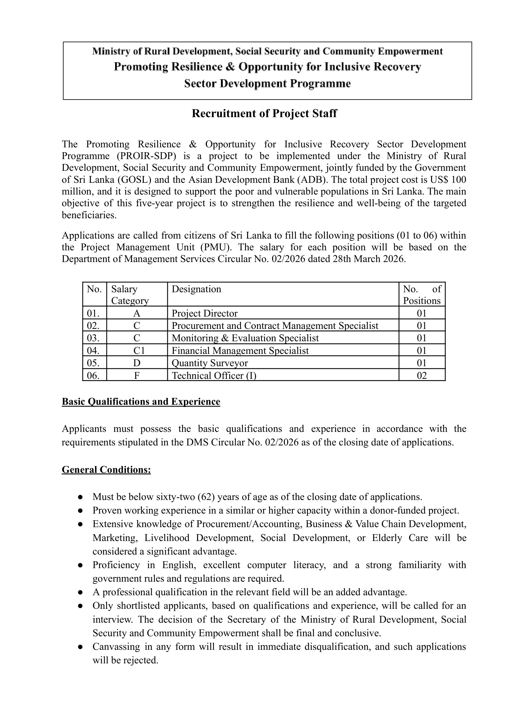 Project Director, Procurement and Contract Management Specialist, Monitoring & Evaluation Specialist, Financial Management Specialist, Quantity Surveyor, Technical Officer - Ministry of Rural Development, Social Security & Community Empowerment