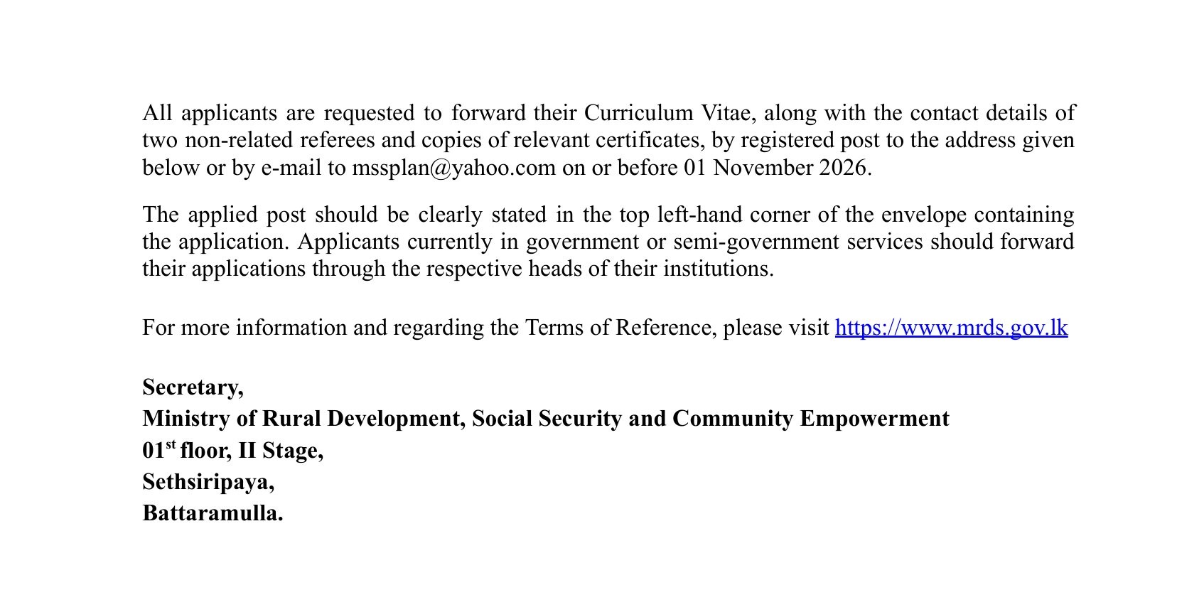 Project Director, Procurement and Contract Management Specialist, Monitoring & Evaluation Specialist, Financial Management Specialist, Quantity Surveyor, Technical Officer - Ministry of Rural Development, Social Security & Community Empowerment
