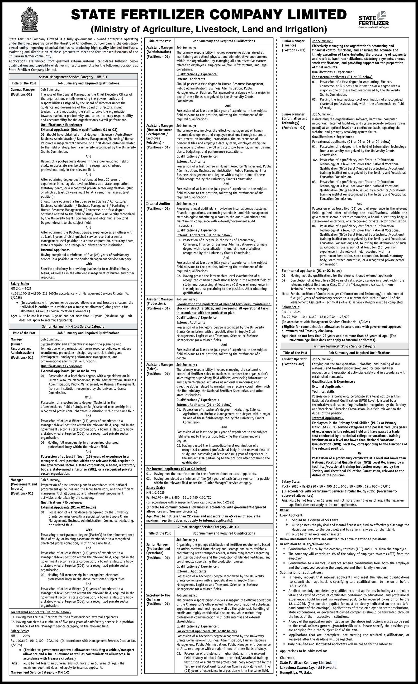 General Manager, Manager, Assistant Manager, Internal Auditor, Junior Manager, Secretary to the Chairman, Forklift Operator - State Fertilizer Company Limited