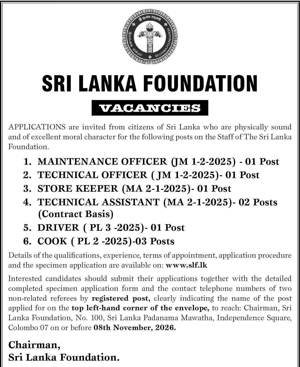 Maintenance Officer, Technical Officer, Store Keeper, Technical Assistant, Driver, Cook - Sri Lanka Foundation