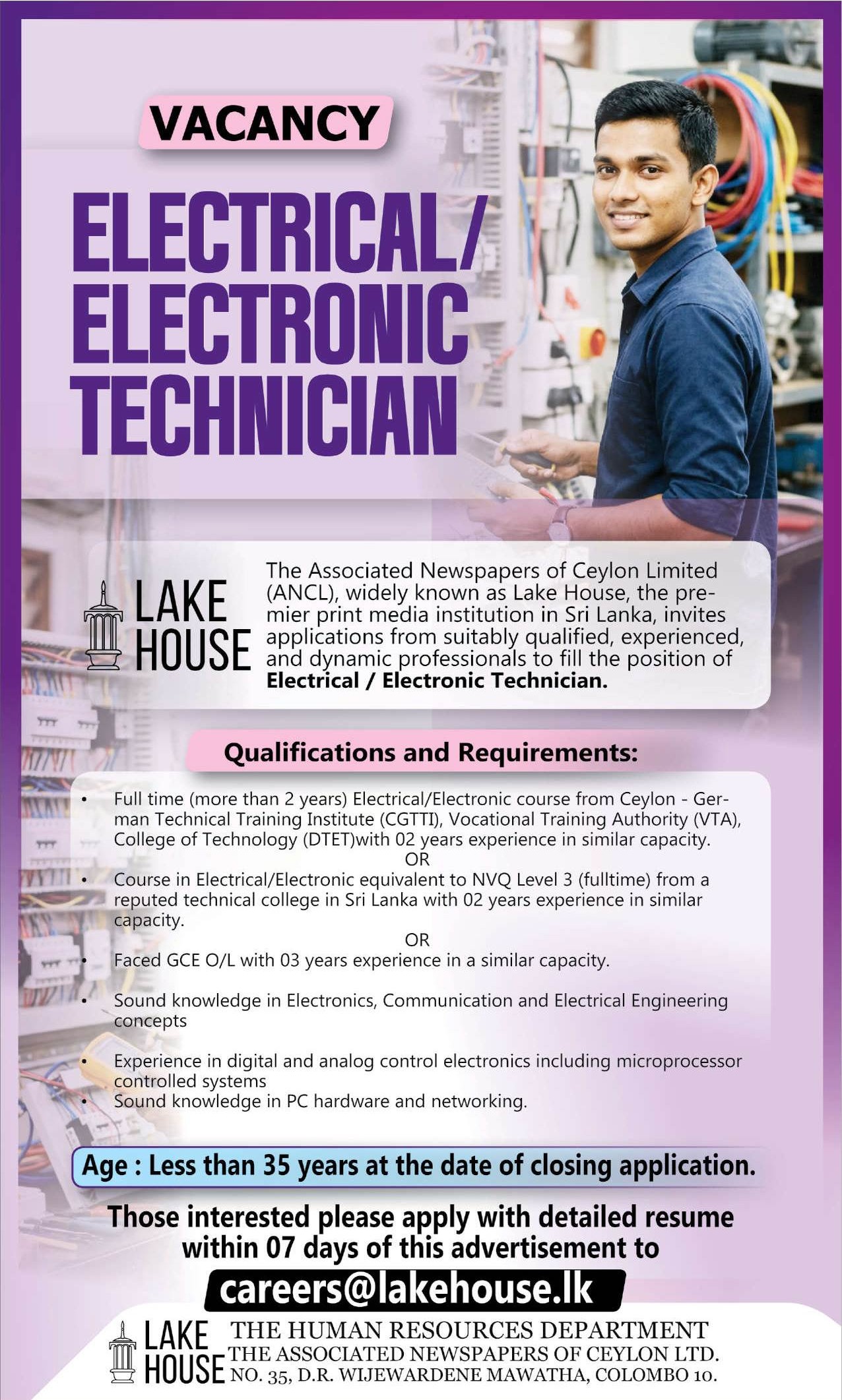 Electrical/Electronic Technician - The Associated Newspapers of Ceylon Limited
