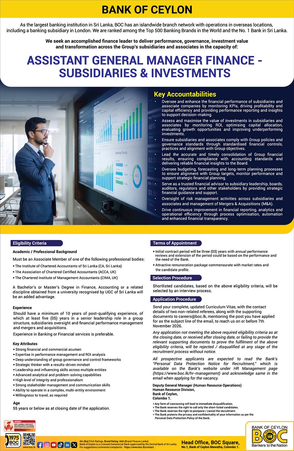 Assistant General Manager (Finance Subsidiaries & Investments) - Bank of Ceylon
