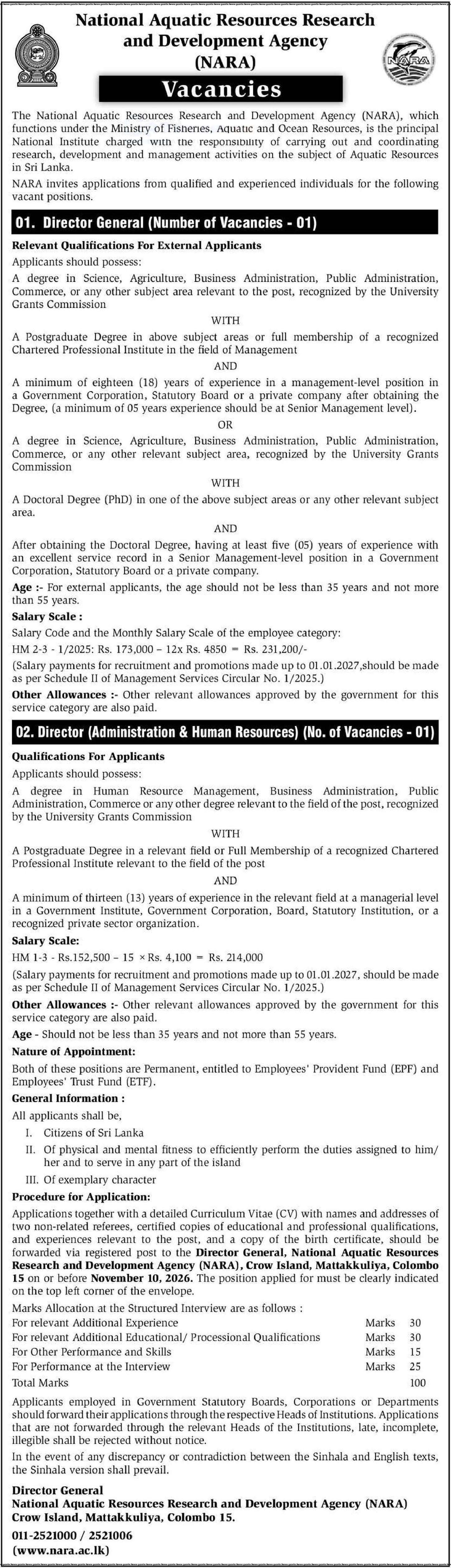 Director General, Director (Administration & Human Resources) - National Aquatic Resources Research & Development Agency