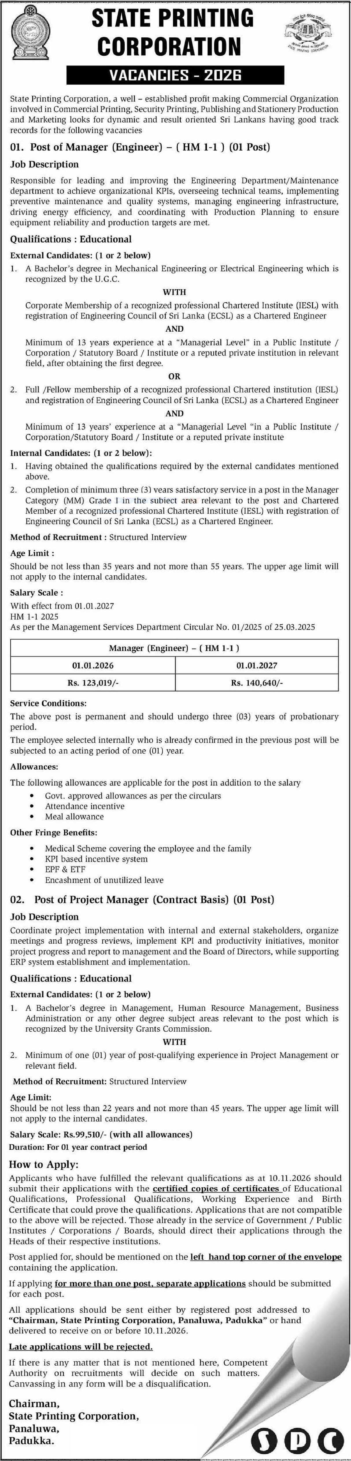 Manager (Engineer), Project Manager - State Printing Corporation