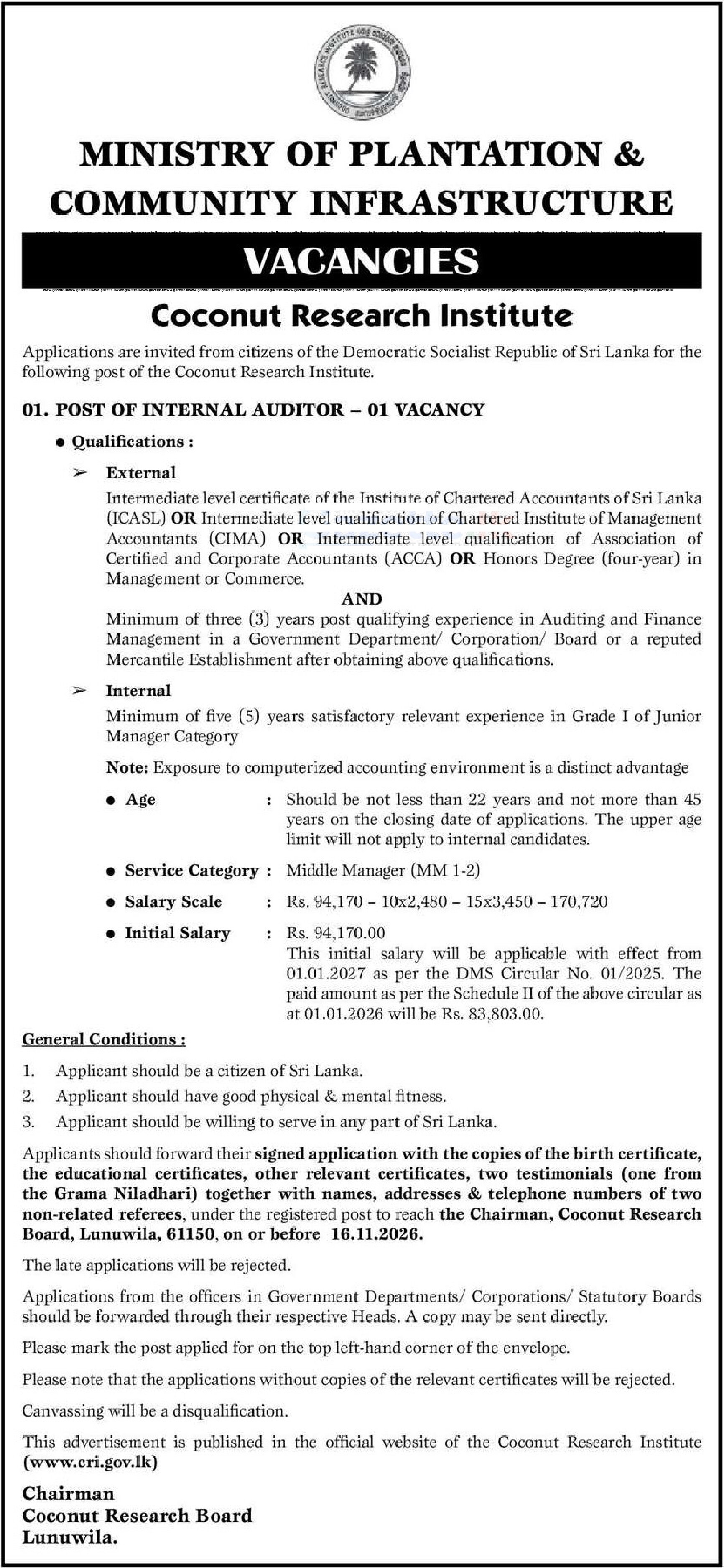 Internal Auditor - Coconut Research Board