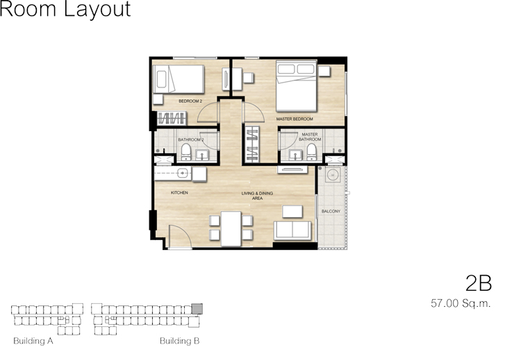 แบบห้อง 2 Bedroom ในโครงการ ดีคอนโด โคโค่ แยกท่ากูบ, ภาพที่ 4