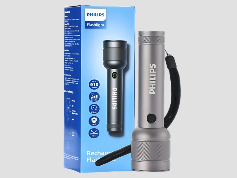 Philips Aircraft Aluminium Alloy 15cms LED Rechargeable Flashlight / Torch – 910Lumens, 300m Range, 2200mAh SFL2186R
