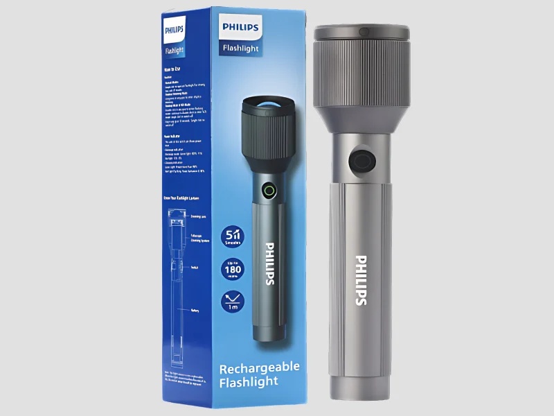 Philips Aircraft Aluminium Alloy 25cms Zoom LED Rechargeable Flashlight / Torch – 1100Lumens, 950m Range, 3000mAh SFL2143/56