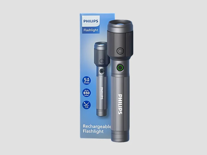 Philips Aircraft Aluminium Alloy Long Range Zoom LED Rechargeable Flashlight / Torch – 650Lumens, 300m Range 1200mAh SFL2141/5
