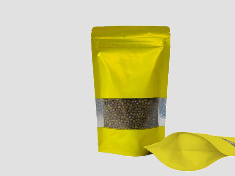 Yellow Color Matte Finish Transparent Window Ziplock Stand-Up Pouch