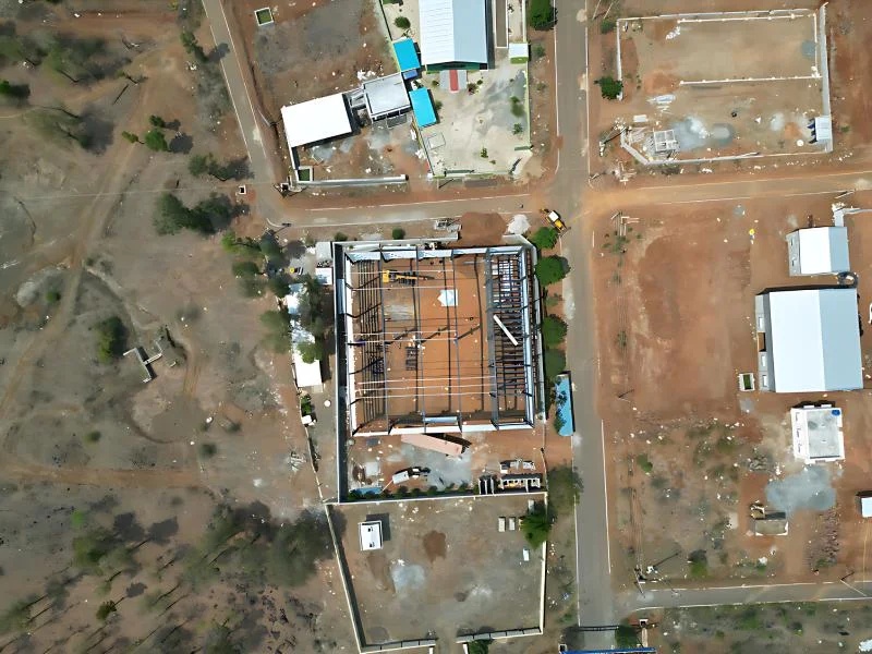 Warehouse Construction Site Aerial Overview With Mezzanine Detail