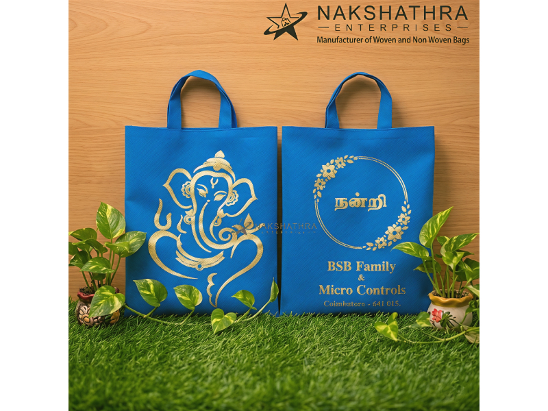 Blue Non-Woven Gold Print Corporate & Wedding Bag