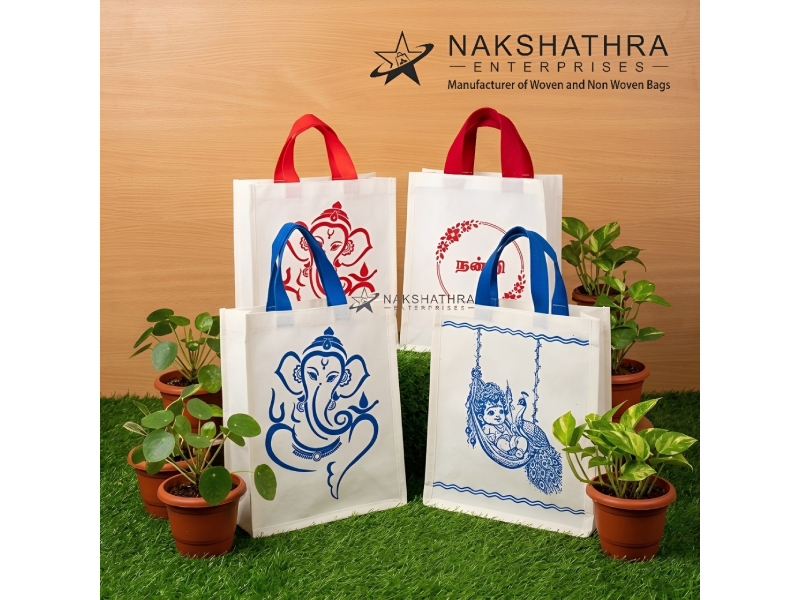 White Non-Woven Contrast Handle Ganesha Favor Bag
