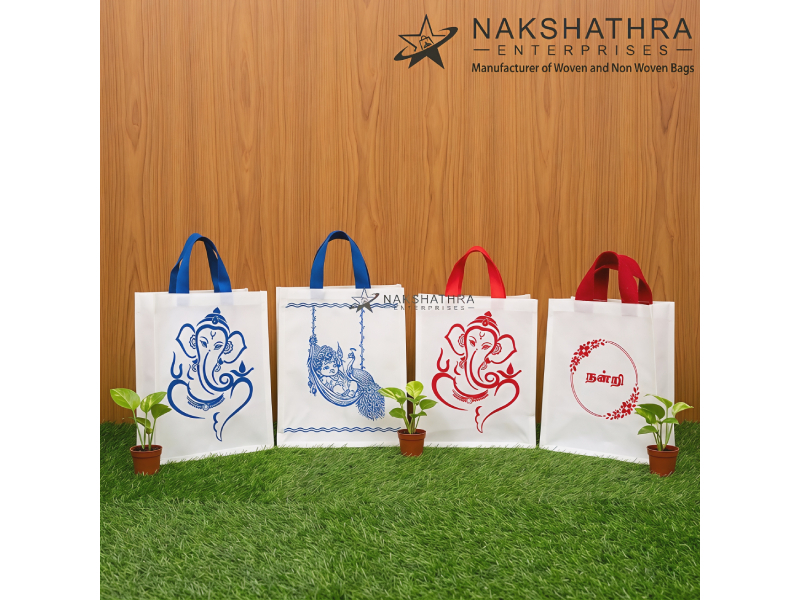 White Non-Woven Contrast Handle Krishna Baby Shower Bag