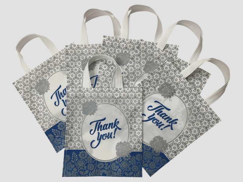 White And Blue Geometric Pattern Thank You Non Woven Carry Bag