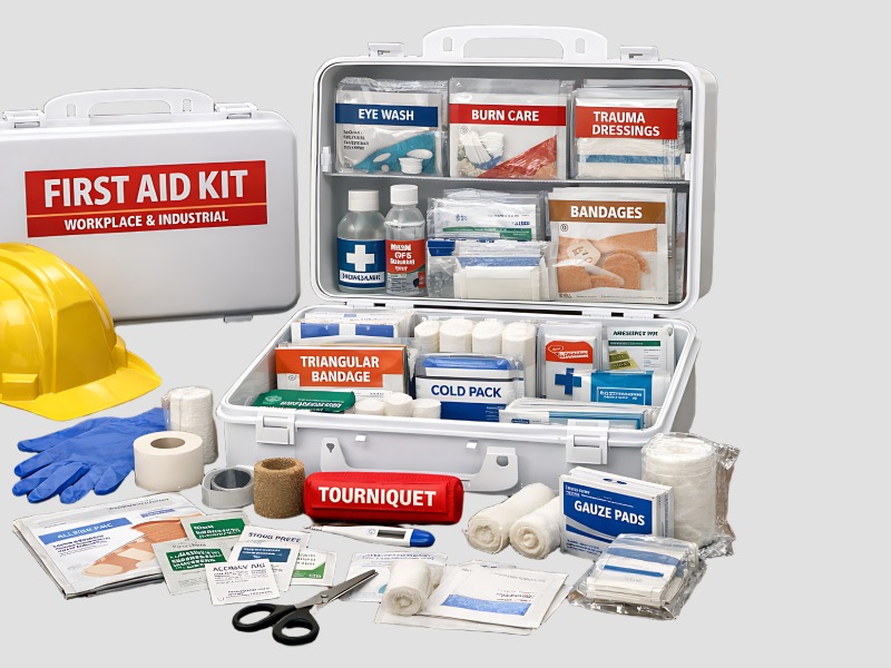First Aid Kits with Essential Medical Supplies for Workplace and Industrial Use