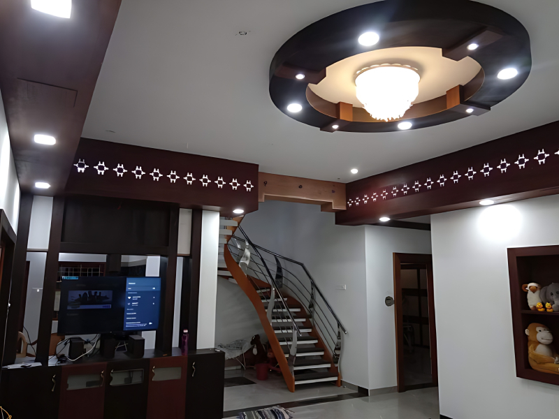 Circular Decorative Ceiling Panel With Chandelier And Spotlights For Home