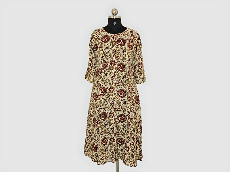 Beige Cotton Kurta With Red Floral Print