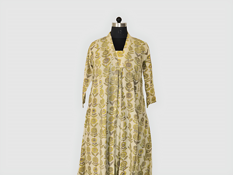 Beige Vanaspati Cotton Full Flared Kurta With Yellow And Light Brown Florals