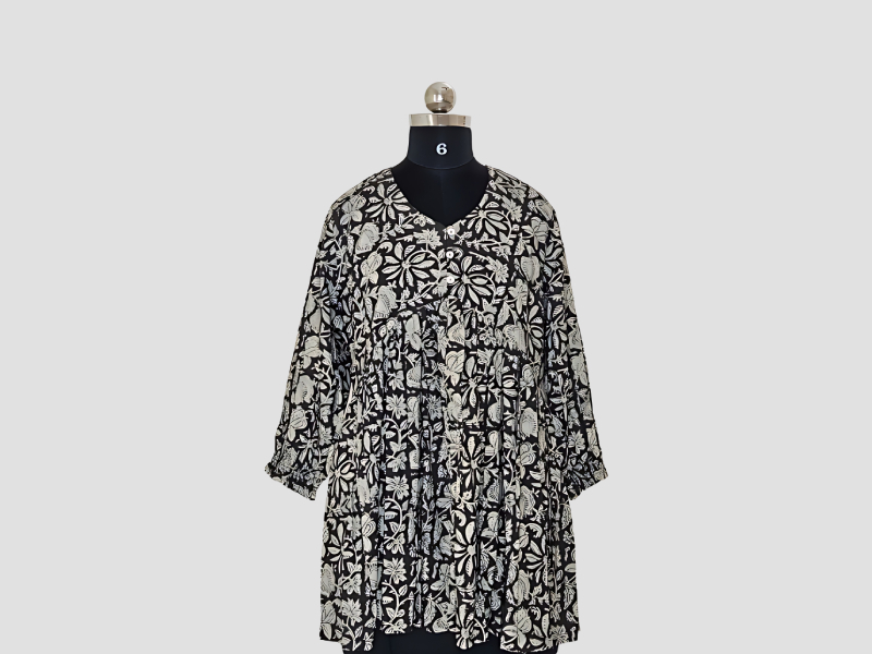 Black Cotton Peplum Top With Cream Florals - MuRa@23