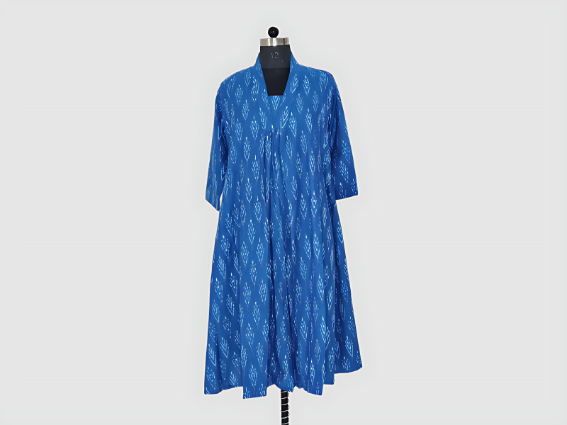 Blue Ikat Cotton Full Flared Kurta For Ethnic Wear