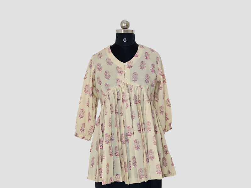 Cream Cotton Peplum Top With Pink Florals - MuRa@23