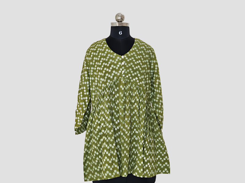 Green Cotton Peplum Top With Soft Cream Small Floral Motifs - MuRa@23